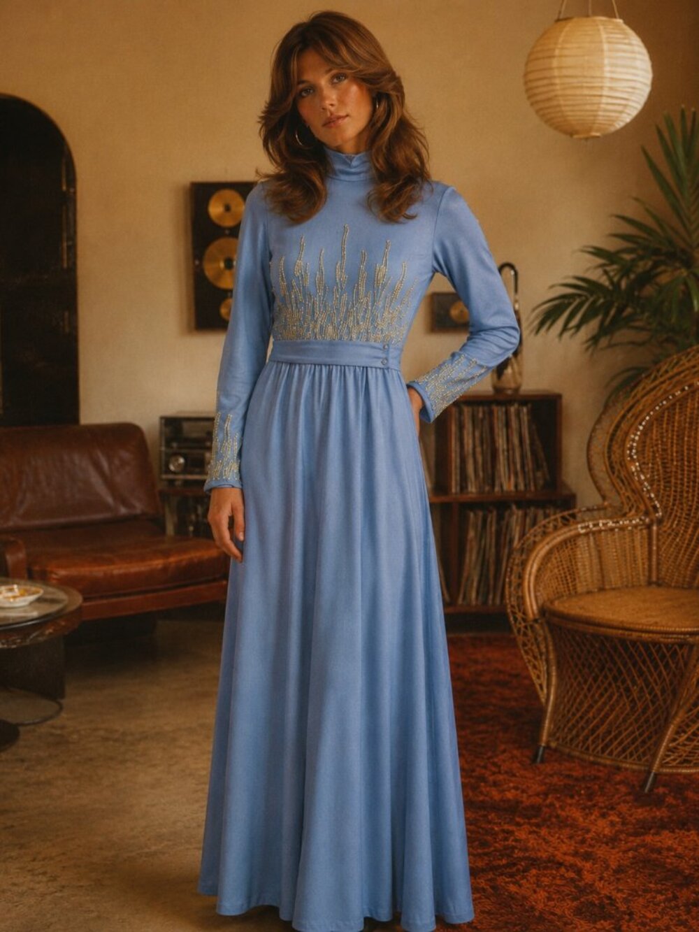 Lilli Diamond California Maxi Vintage dress 60s-70s era Embroider sequin flames